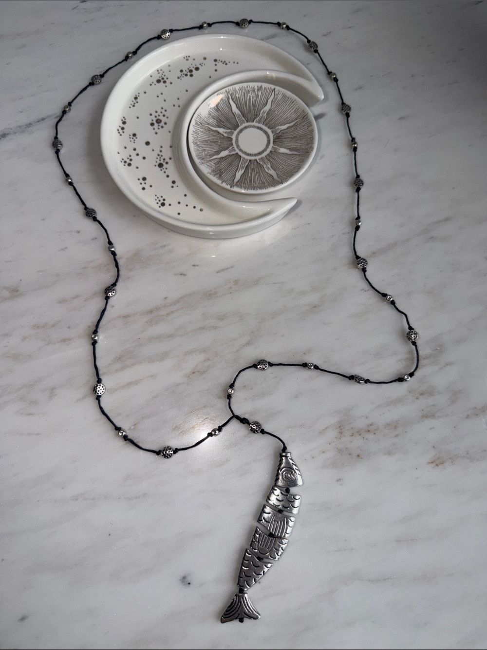Fish Pendant Necklace with beaded Black cord- Boho, Beachy - Picture 4 of 5